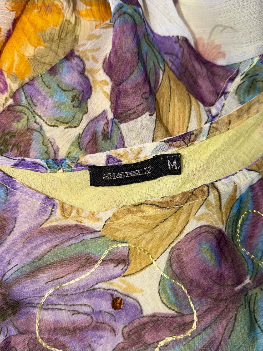 Vintage Sherly Y2K Fairy Dress Floral Chiffon
Handkerchief Hem Gold Embroidery M - Picture 8 of 10